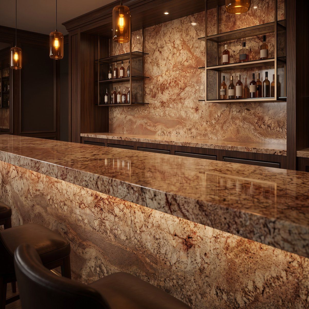 Typhoon Bordeaux polished granite slab with burgundy and cream movement, surface and finish detail, StoneX USA West Allis WI