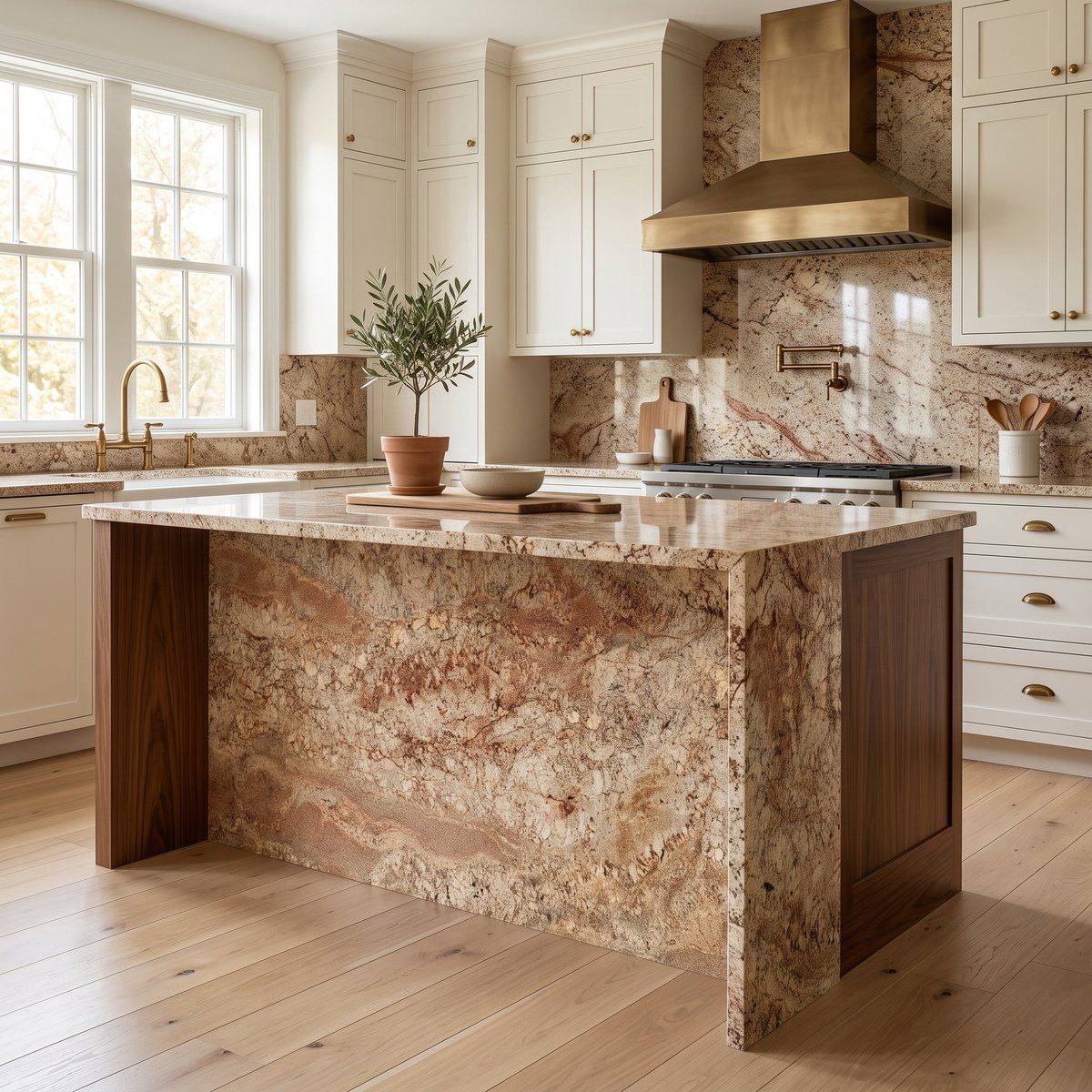 Typhoon Bordeaux polished granite slab with burgundy and cream movement, veining detail, StoneX USA slab gallery near Milwaukee