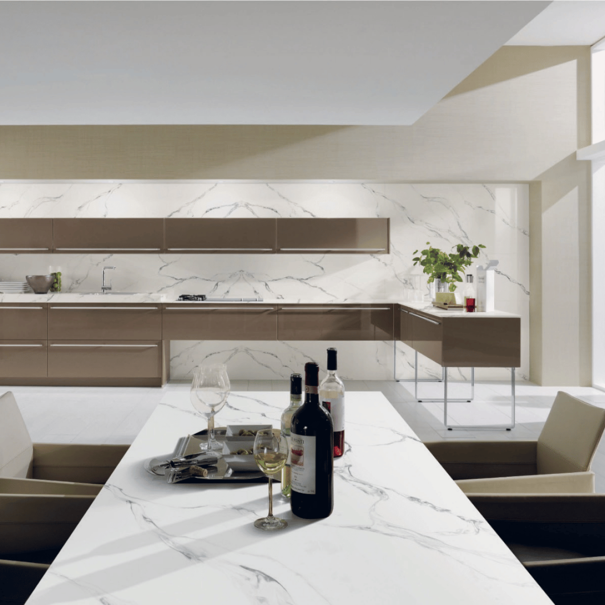 Calacatta Rocky Quartz Stone engineered quartz slab, veining detail, StoneX USA slab gallery near Milwaukee