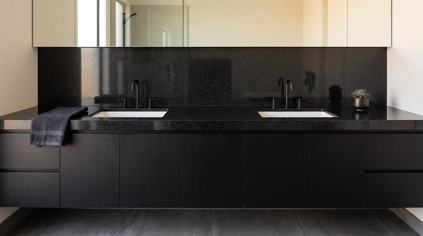 Absolute Black double vanity countertop and backsplash in a modern bathroom