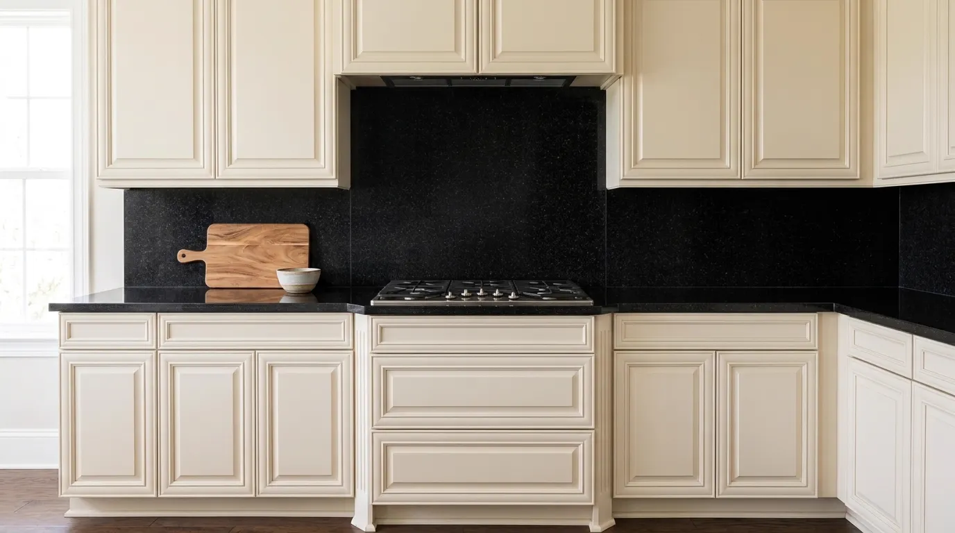 Absolute Black full-height kitchen backsplash and matching countertop