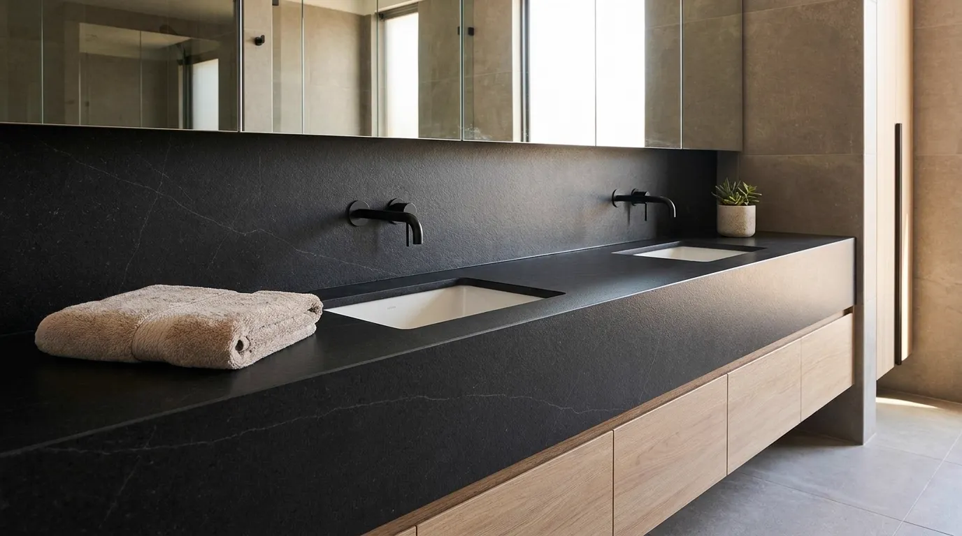 Absolute Black Leathered double vanity countertop and backsplash in a modern bathroom