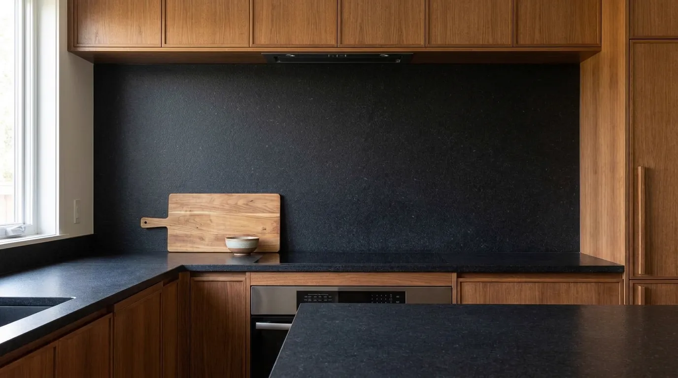 Absolute Black Leathered full-height kitchen backsplash and matching countertop