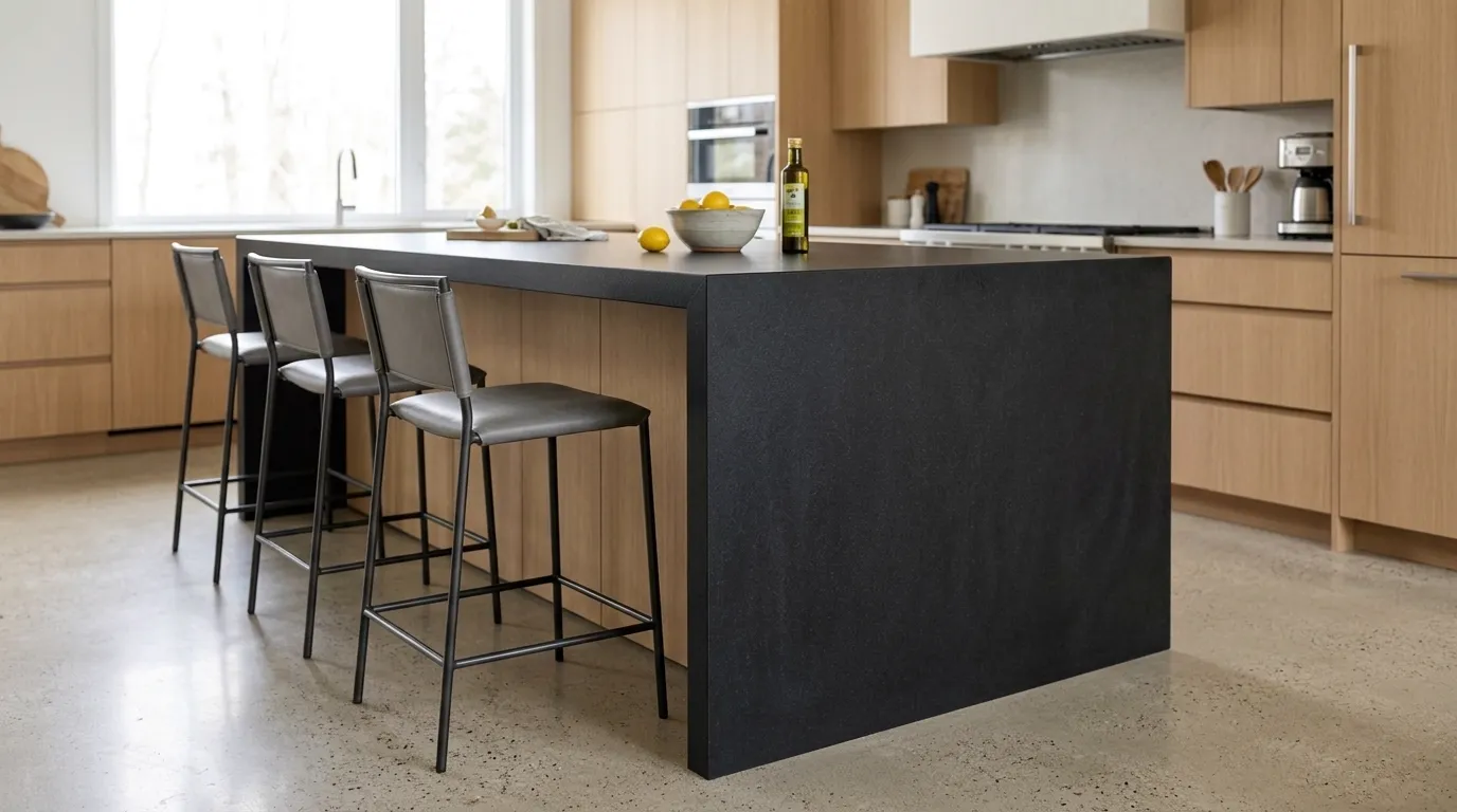 Absolute Black Leathered waterfall-edge kitchen island with continuous veining