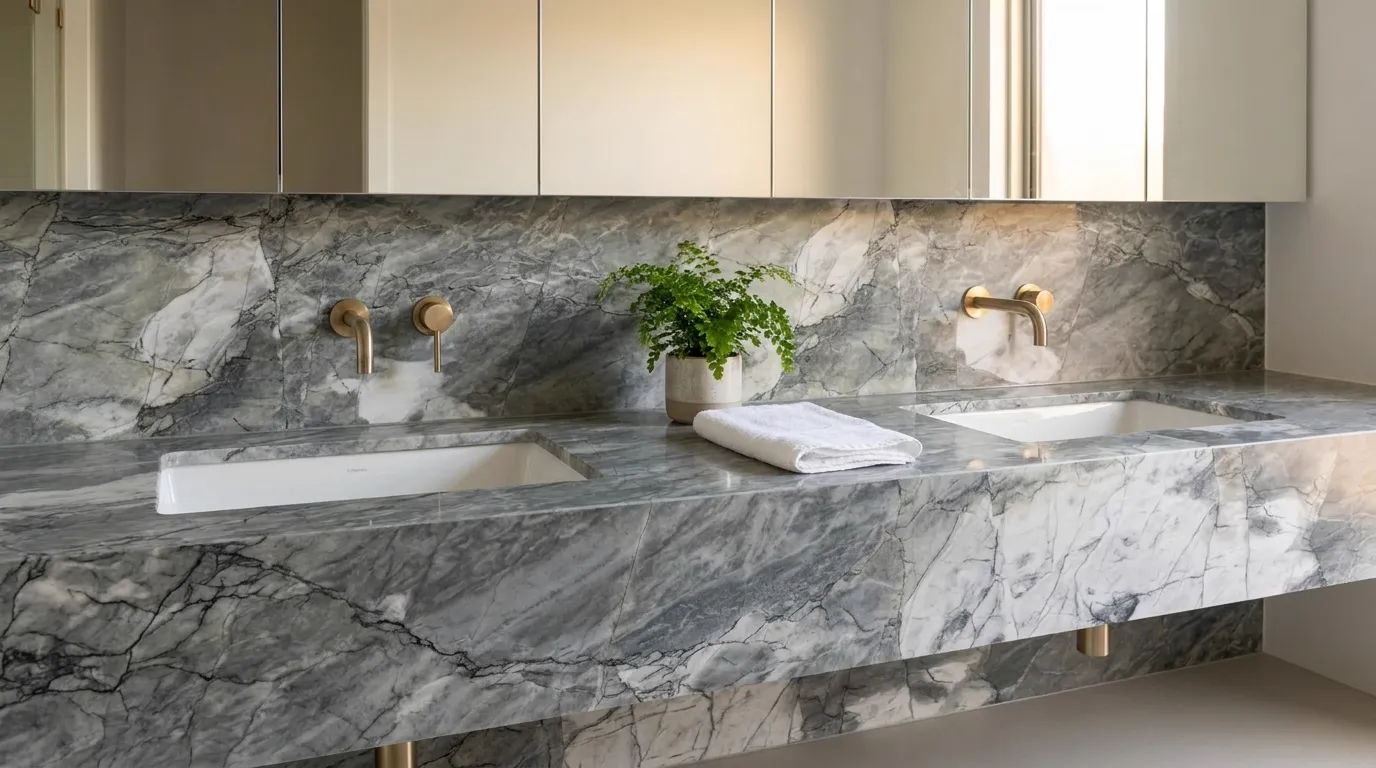Acqua Bella double vanity countertop and backsplash in a modern bathroom