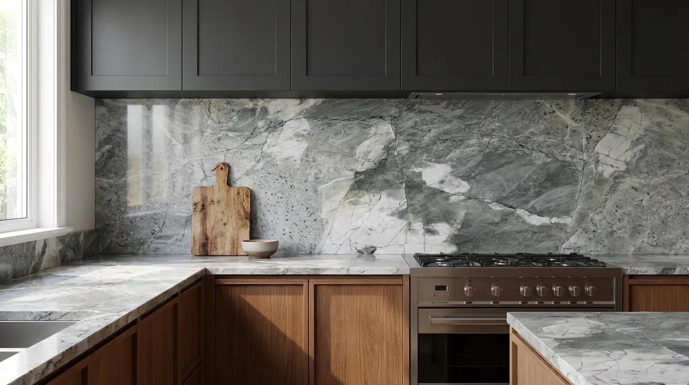 Acqua Bella full-height kitchen backsplash and matching countertop