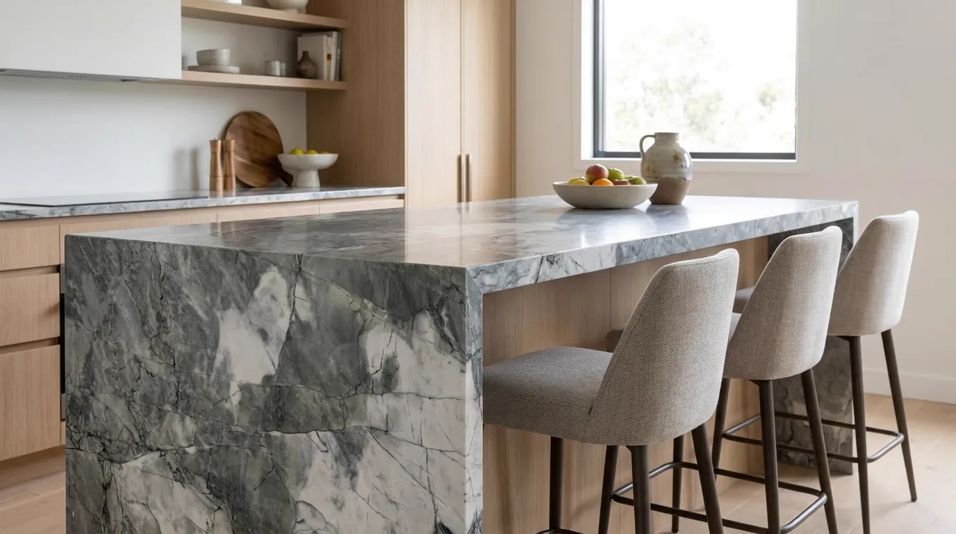 Acqua Bella waterfall-edge kitchen island with continuous veining