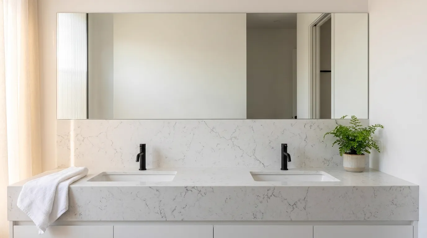 Alabaster double vanity countertop and backsplash in a modern bathroom