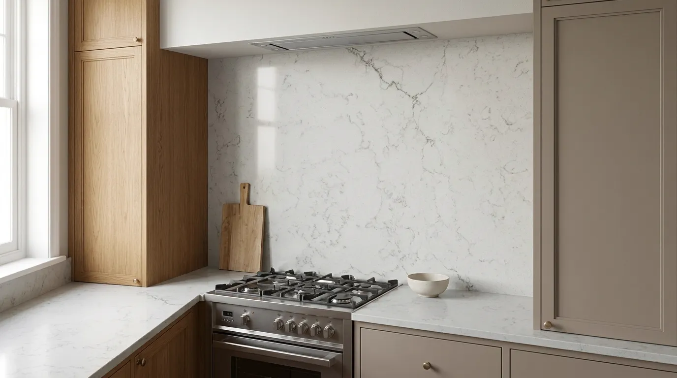 Alabaster full-height kitchen backsplash and matching countertop