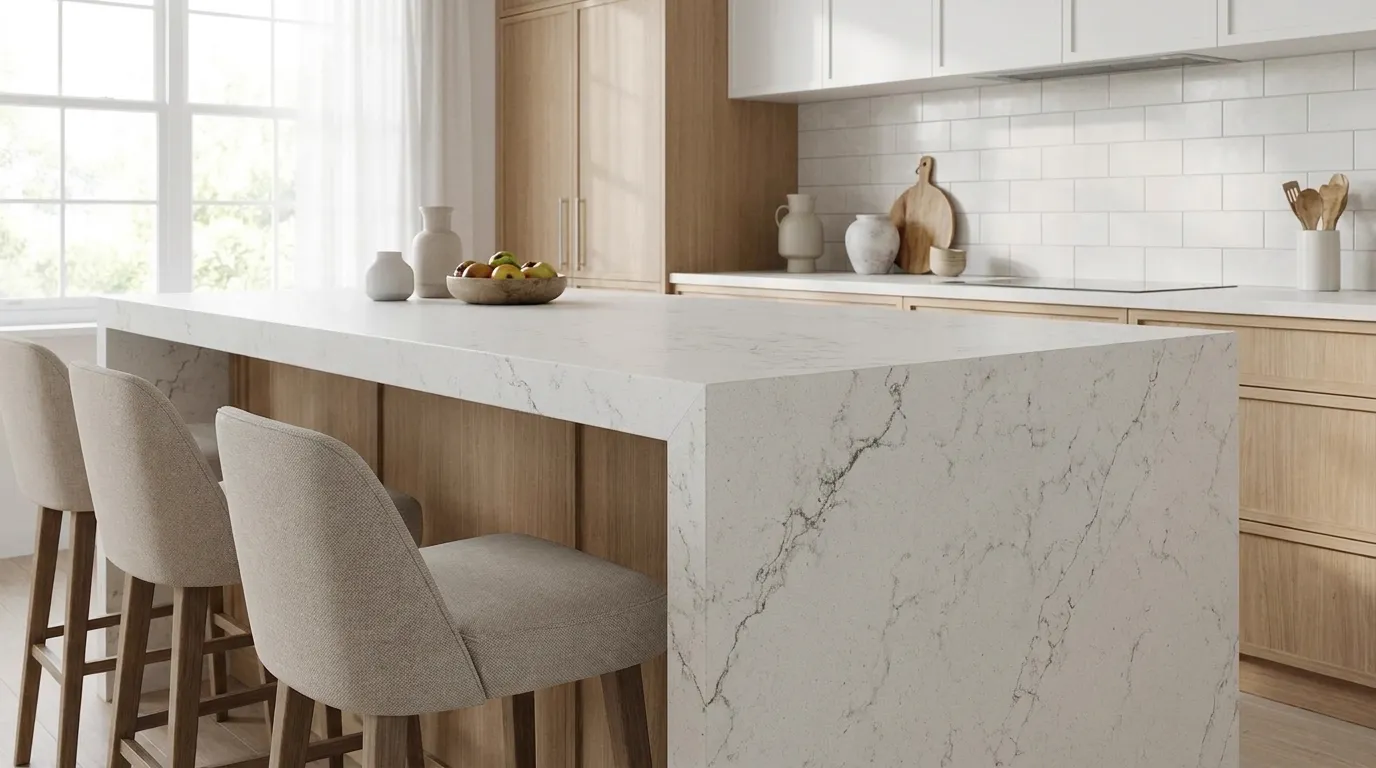 Alabaster waterfall-edge kitchen island with continuous veining