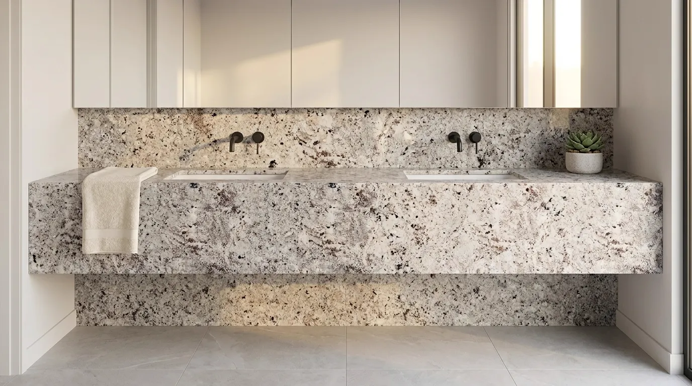 Alaska White double vanity countertop and backsplash in a modern bathroom