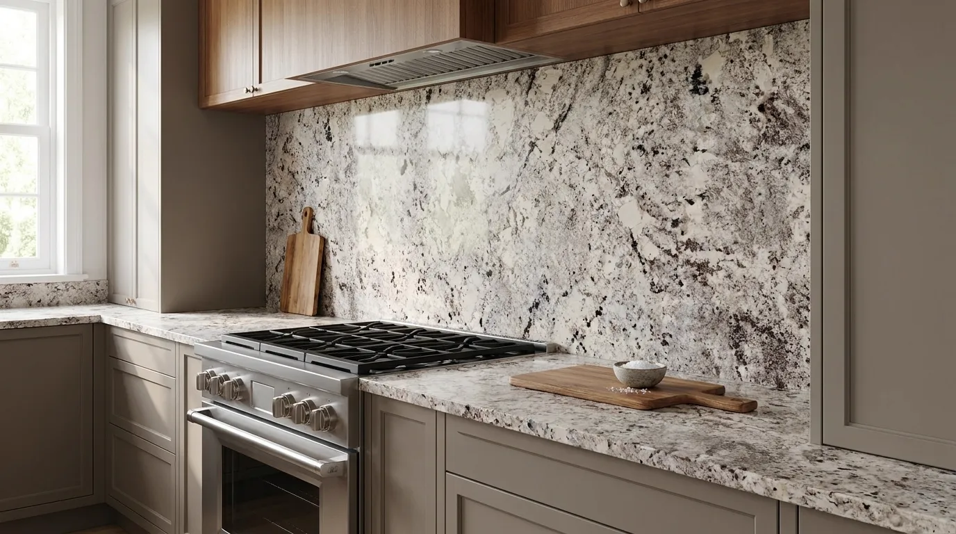 Alaska White full-height kitchen backsplash and matching countertop