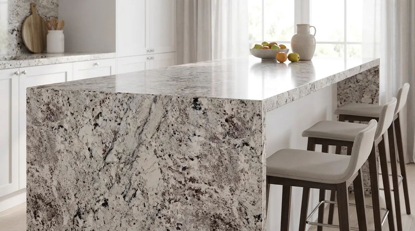 Alaska White waterfall-edge kitchen island with continuous veining