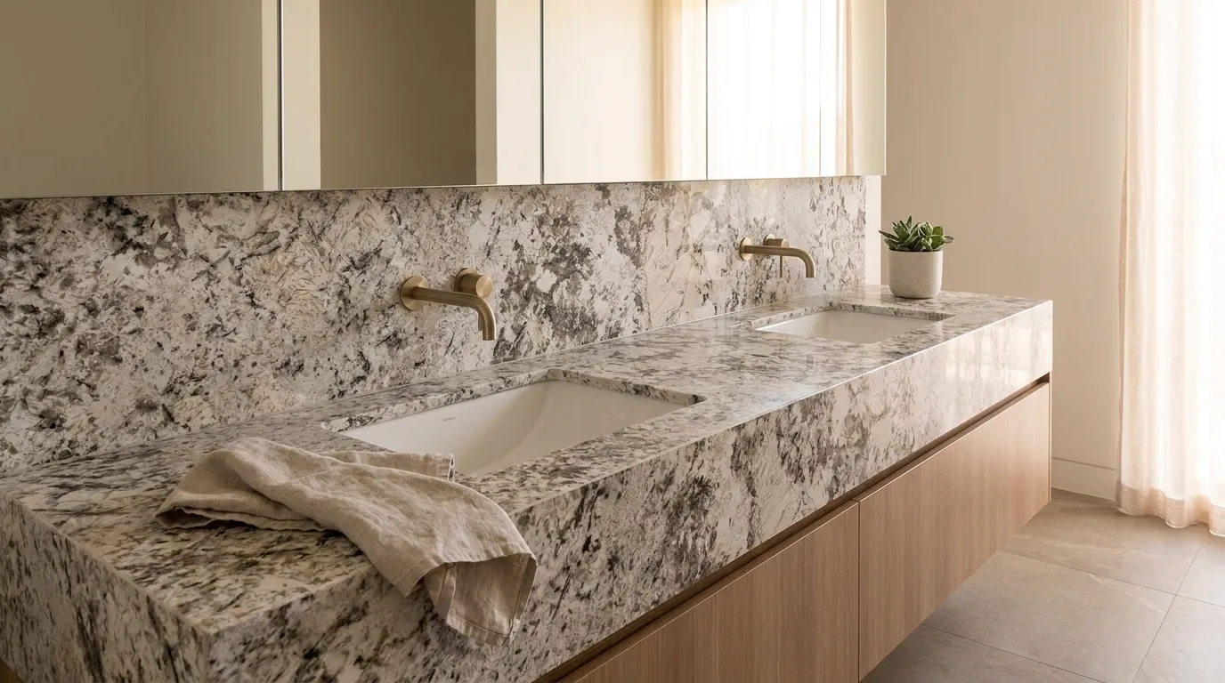 Alpinus (Alpine White) double vanity countertop and backsplash in a modern bathroom