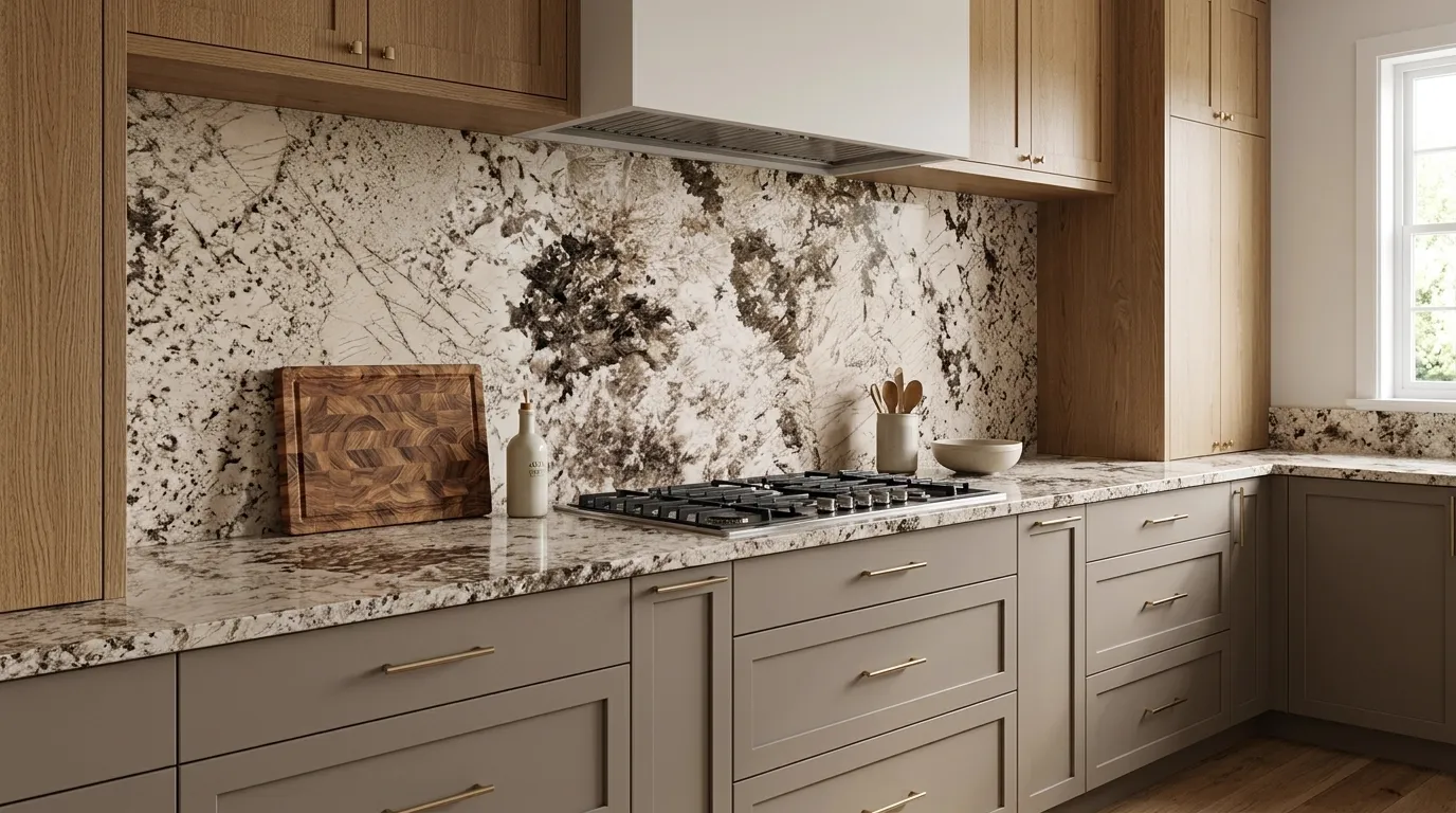 Alpinus (Alpine White) full-height kitchen backsplash and matching countertop