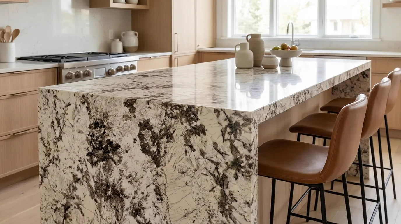 Alpinus (Alpine White) waterfall-edge kitchen island with continuous veining