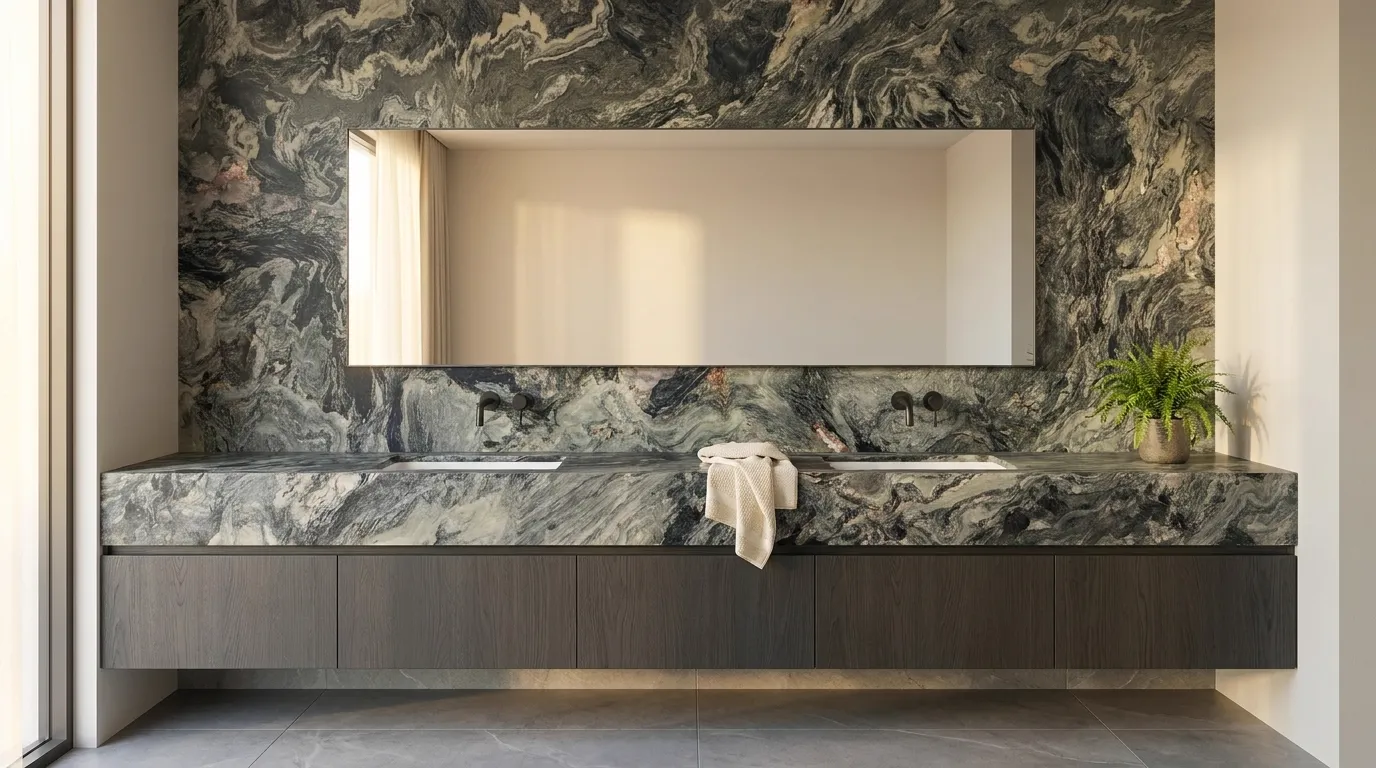 Amazon Leather Quartzite double vanity countertop and backsplash in a modern bathroom