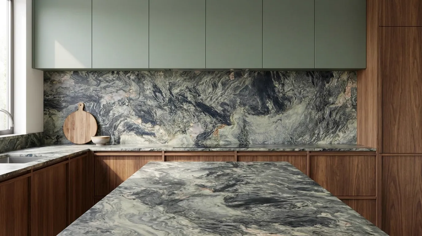 Amazon Leather Quartzite full-height kitchen backsplash and matching countertop