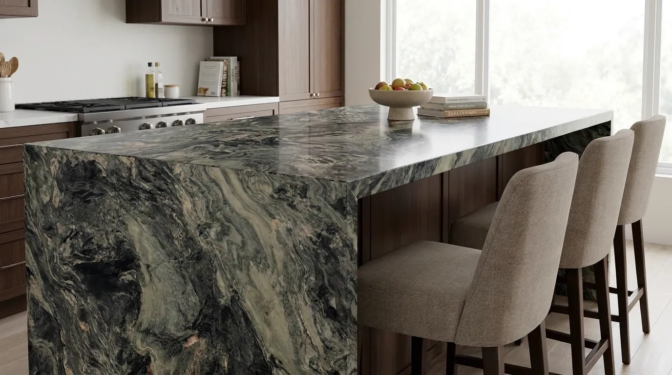 Amazon Leather Quartzite waterfall-edge kitchen island with continuous veining