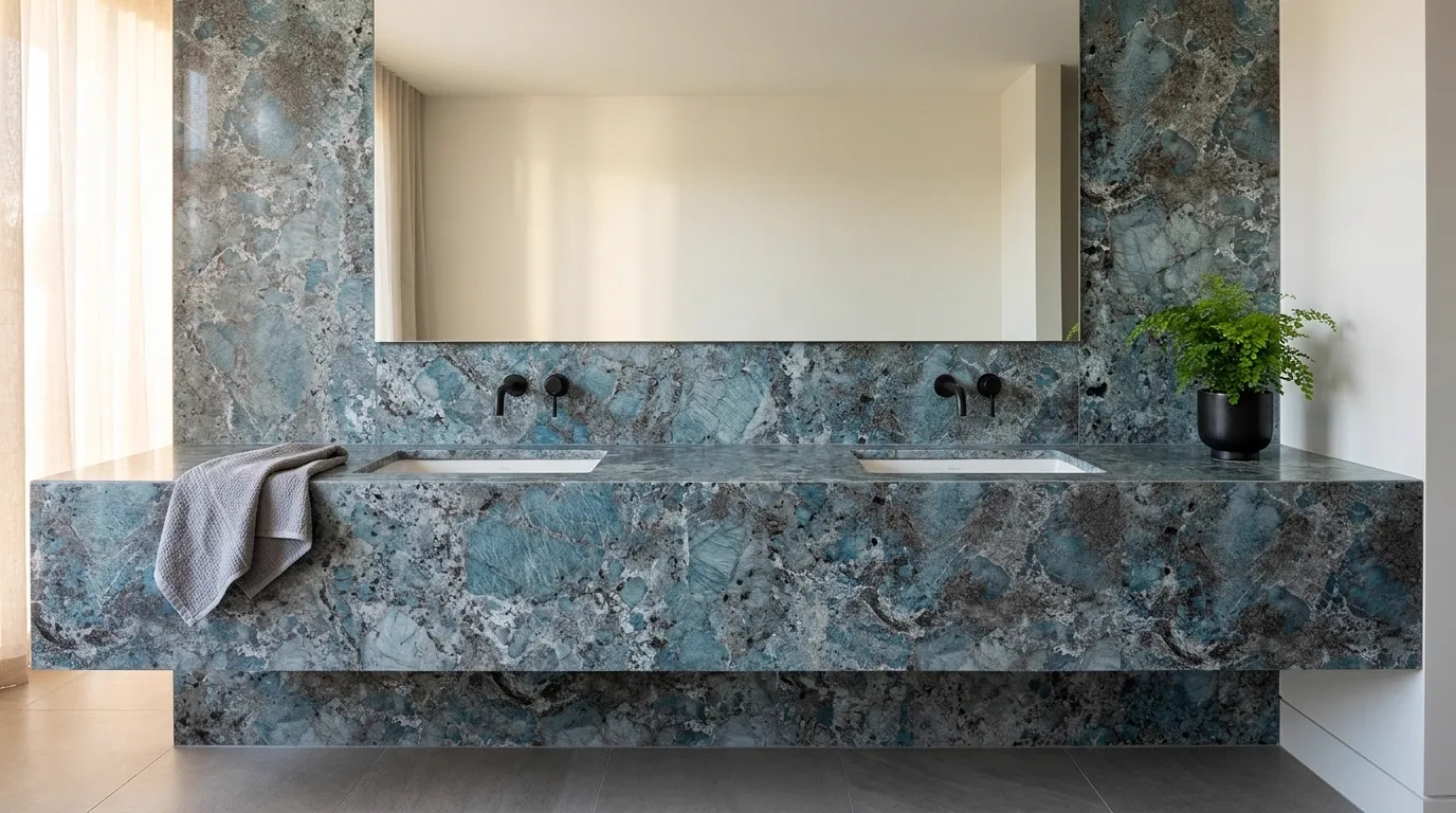 Amazonite double vanity countertop and backsplash in a modern bathroom