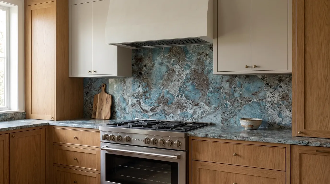 Amazonite full-height kitchen backsplash and matching countertop