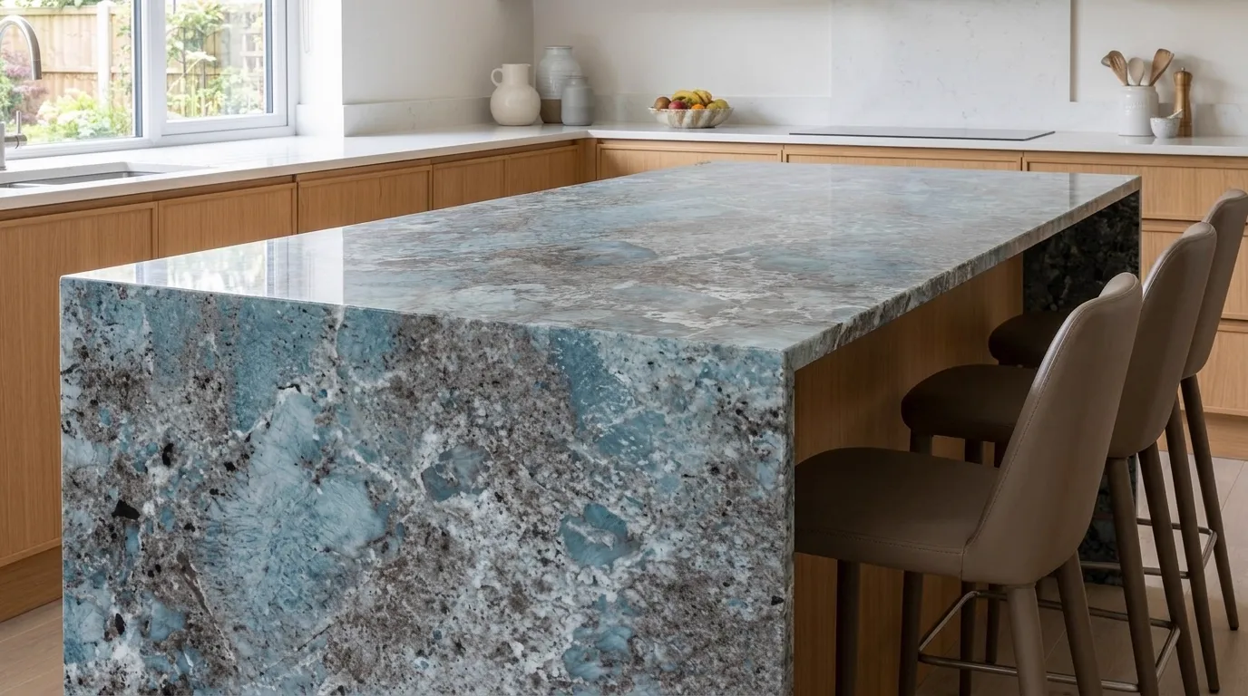 Amazonite waterfall-edge kitchen island with continuous veining