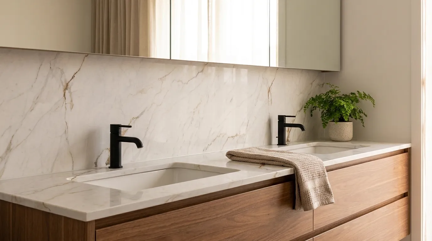 Apollo White double vanity countertop and backsplash in a modern bathroom