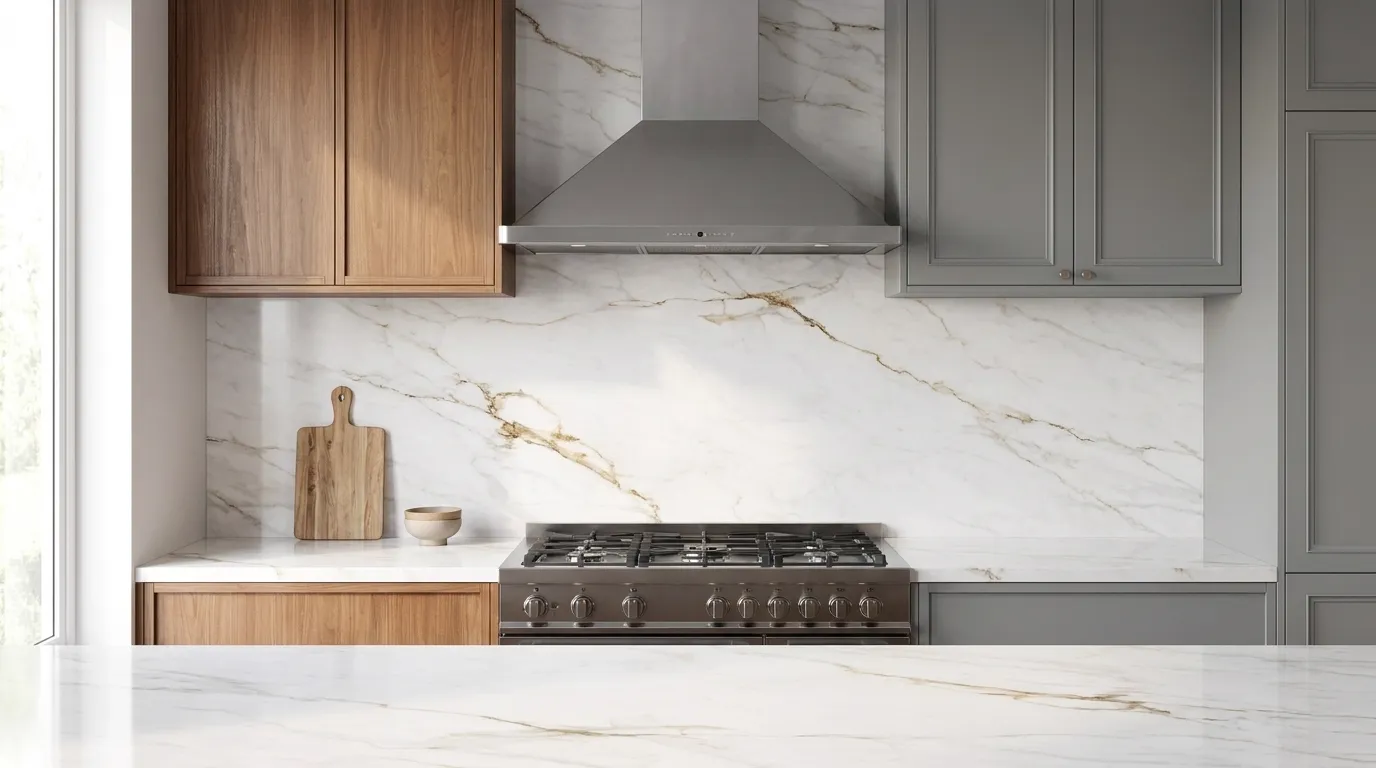 Apollo White full-height kitchen backsplash and matching countertop