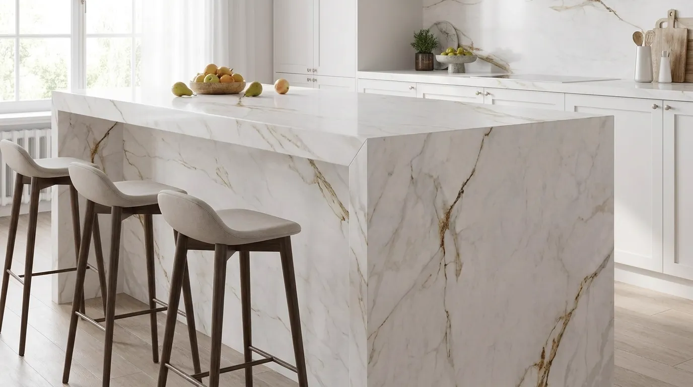 Apollo White waterfall-edge kitchen island with continuous veining