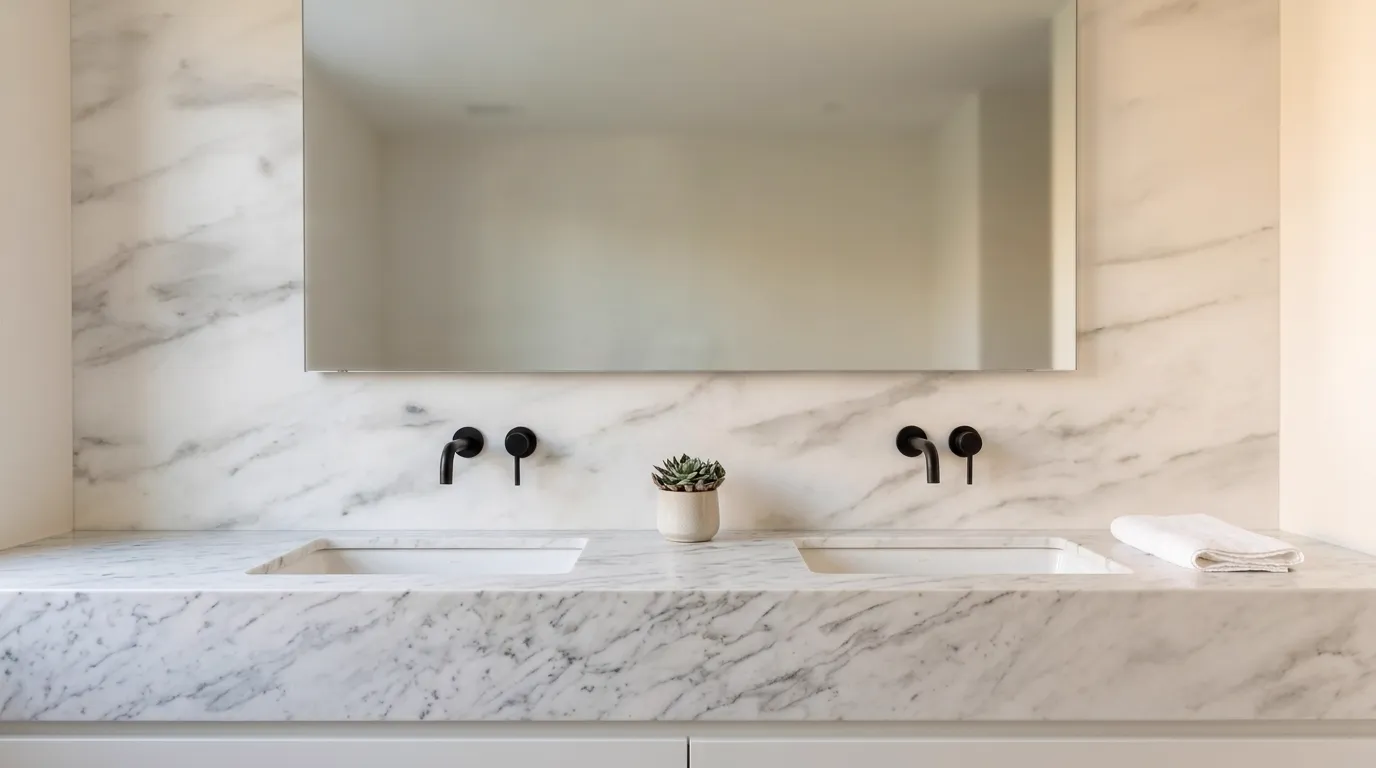 Arabescato Carrara double vanity countertop and backsplash in a modern bathroom