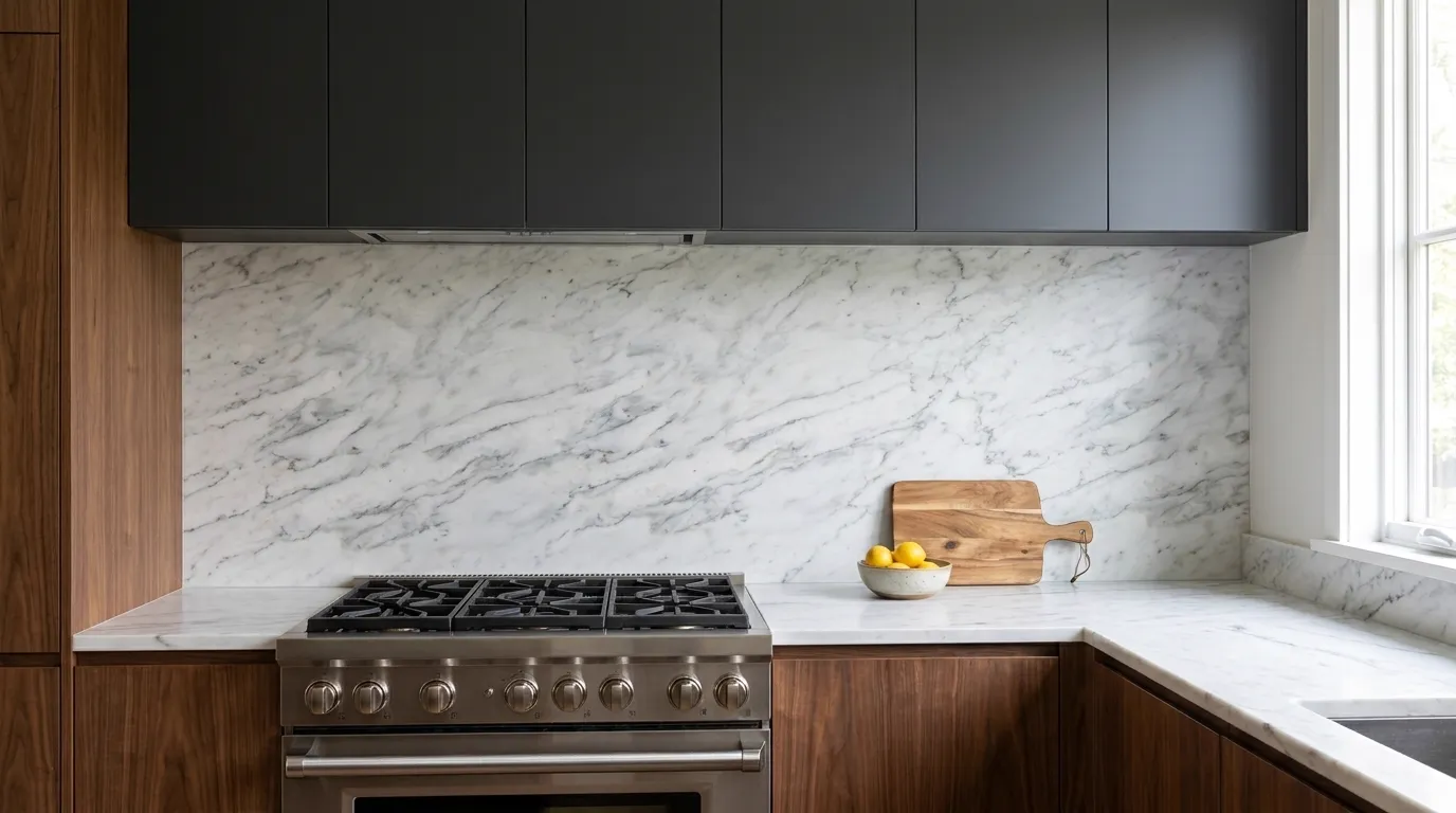 Arabescato Carrara full-height kitchen backsplash and matching countertop