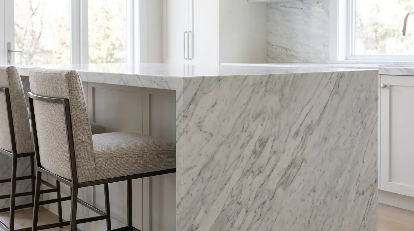 Arabescato Carrara waterfall-edge kitchen island with continuous veining