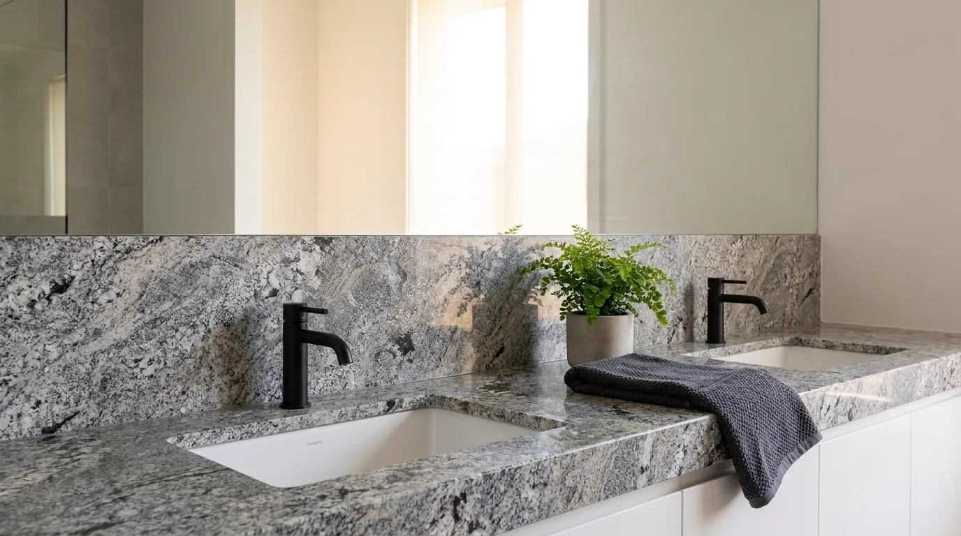 Arara Blue double vanity countertop and backsplash in a modern bathroom