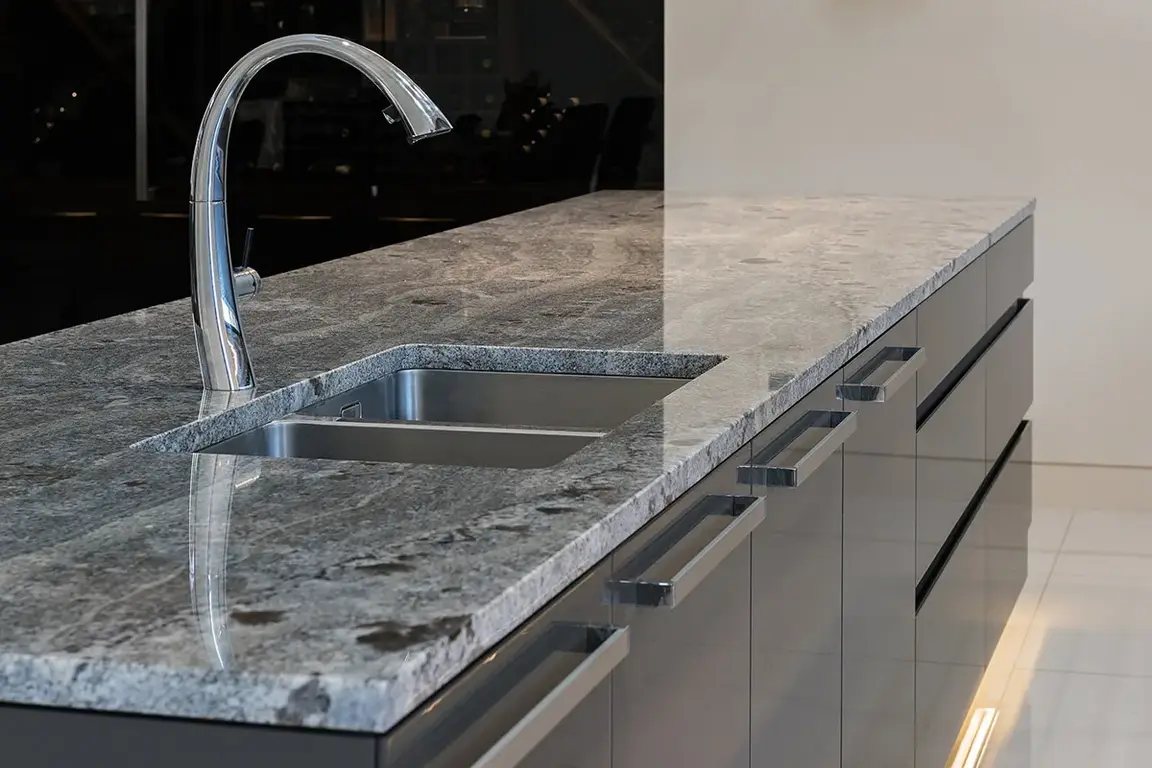 Arara Blue slab with polished finish, blue-grey with flowing white veining, veining detail, StoneX USA slab gallery near Milwaukee