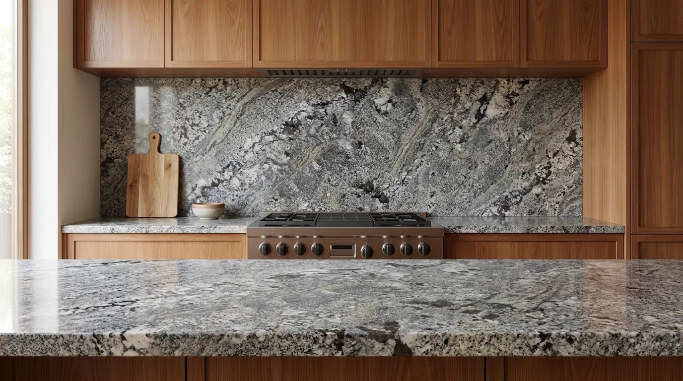 Arara Blue full-height kitchen backsplash and matching countertop