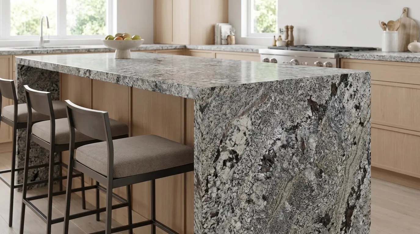 Arara Blue waterfall-edge kitchen island with continuous veining