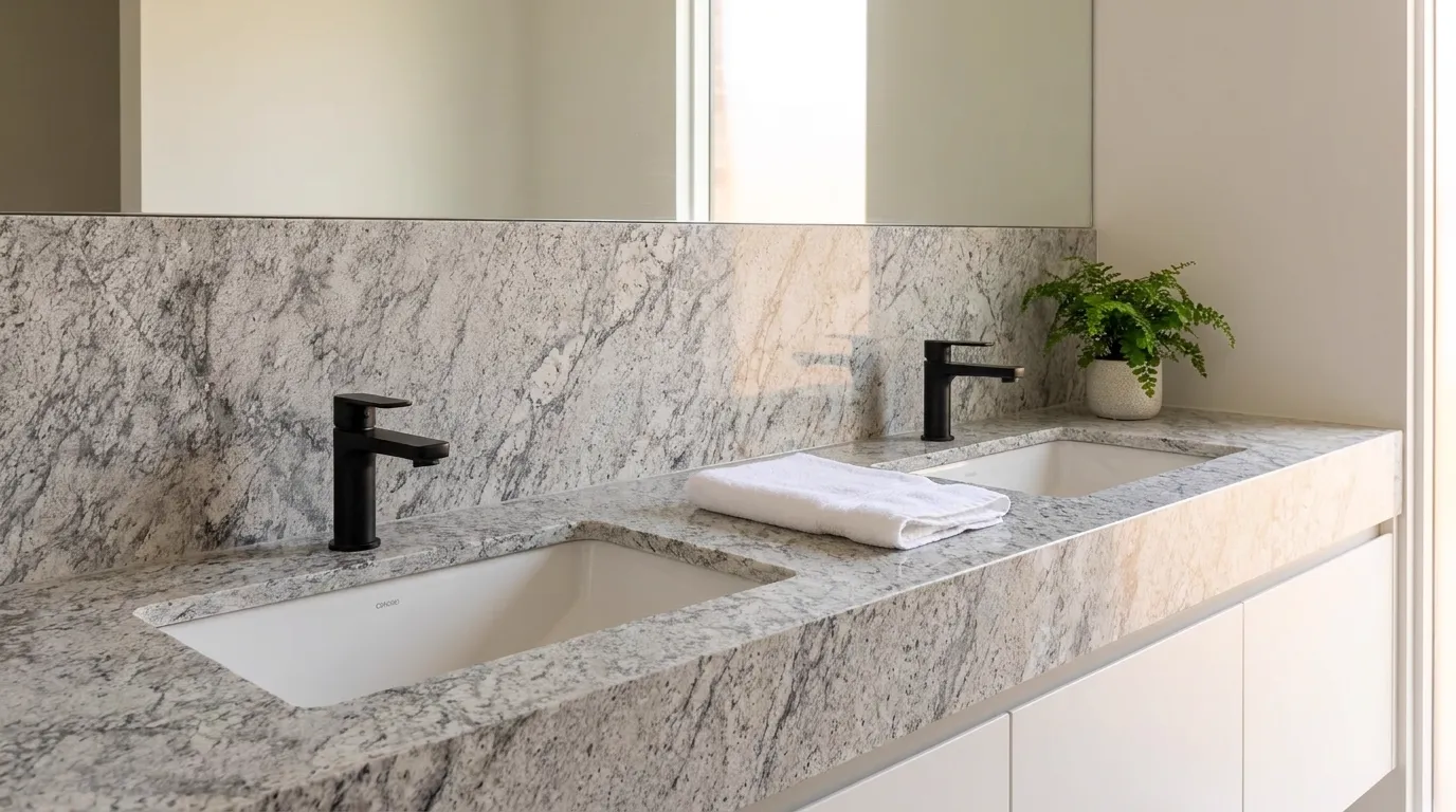 Aspen White double vanity countertop and backsplash in a modern bathroom
