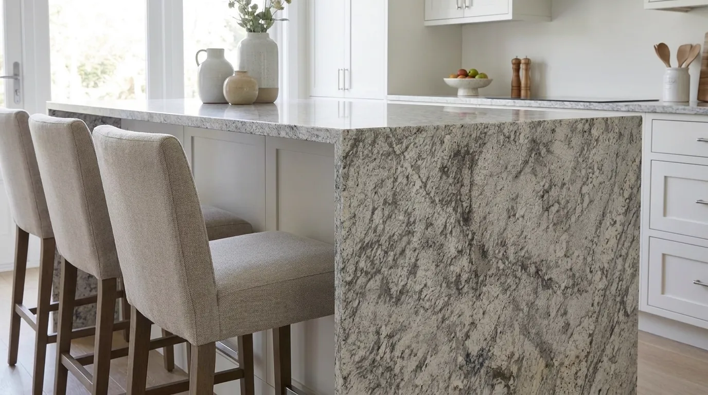 Aspen White waterfall-edge kitchen island with continuous veining