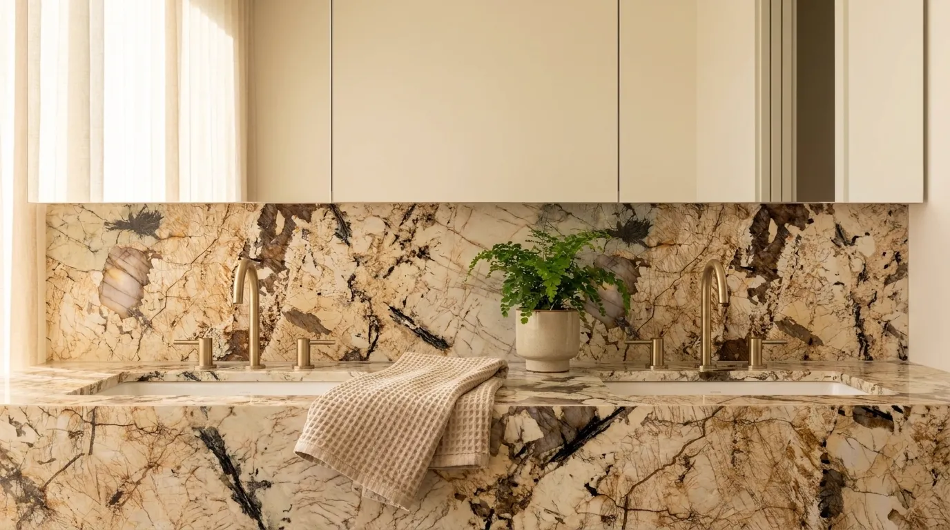 Atlas double vanity countertop and backsplash in a modern bathroom
