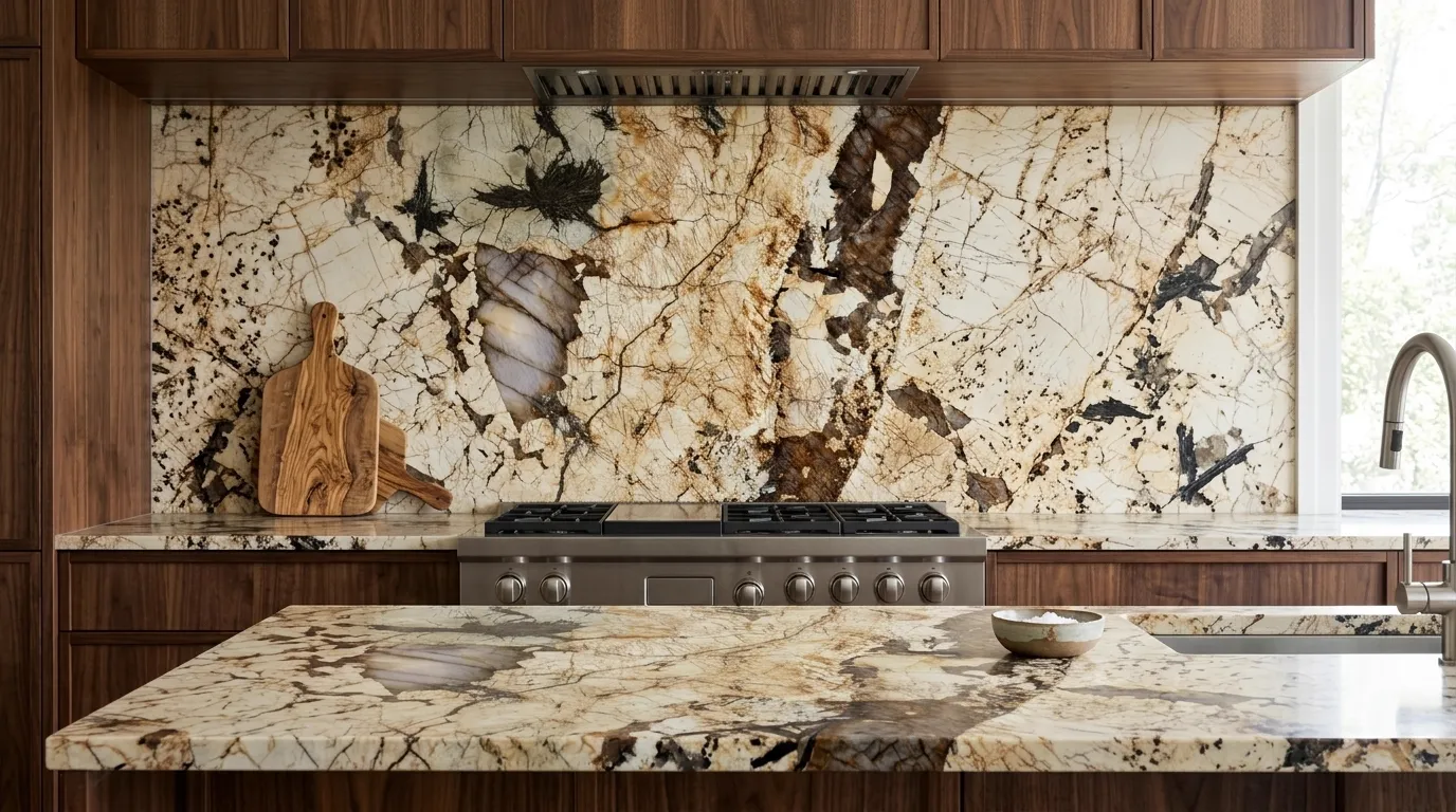 Atlas full-height kitchen backsplash and matching countertop