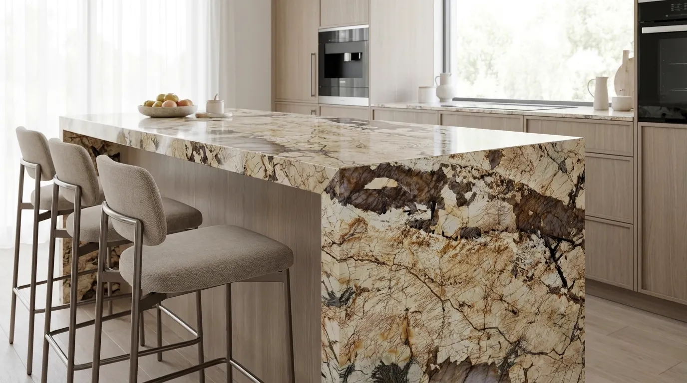 Atlas waterfall-edge kitchen island with continuous veining