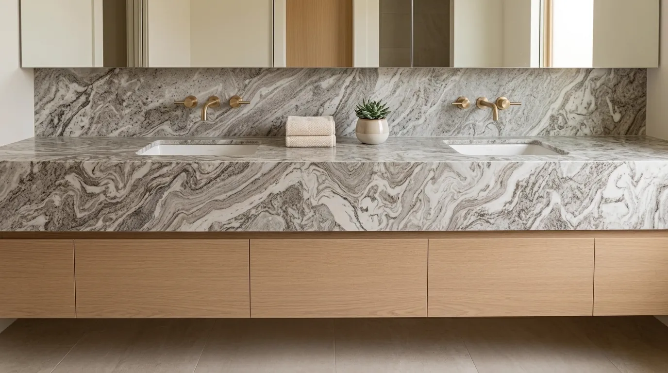 Avalanche double vanity countertop and backsplash in a modern bathroom