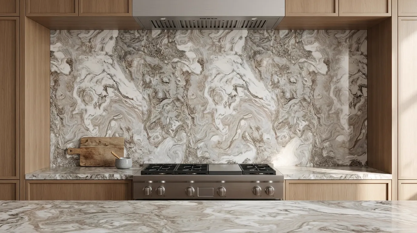 Avalanche full-height kitchen backsplash and matching countertop