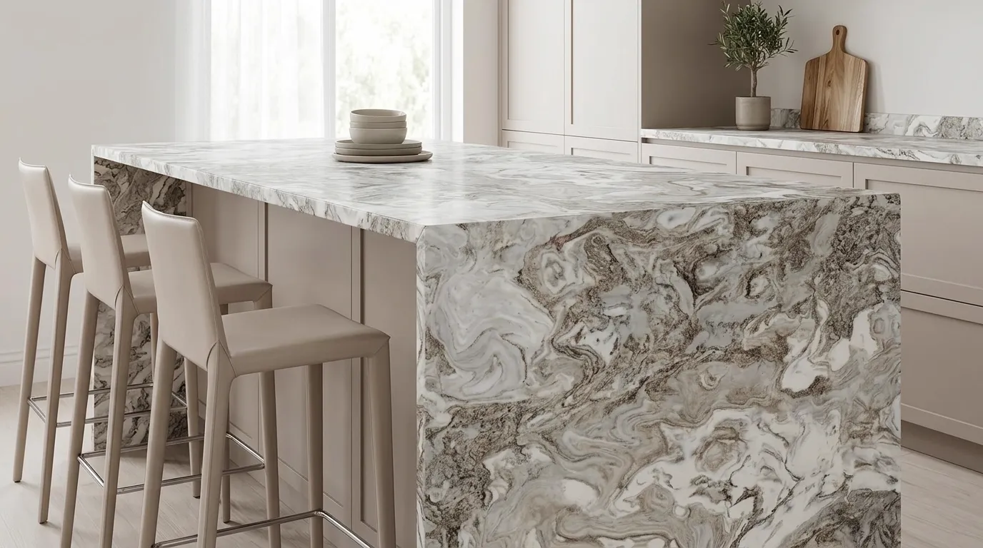 Avalanche waterfall-edge kitchen island with continuous veining