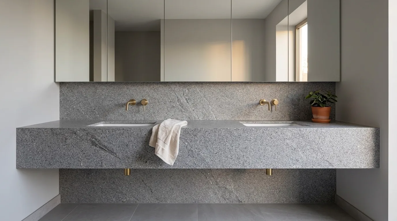 Azul Platino double vanity countertop and backsplash in a modern bathroom
