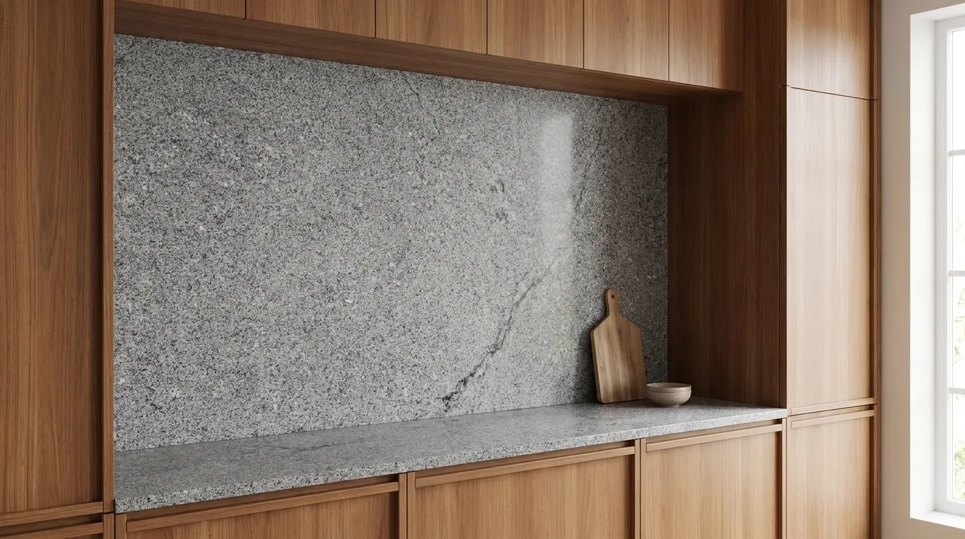 Azul Platino full-height kitchen backsplash and matching countertop