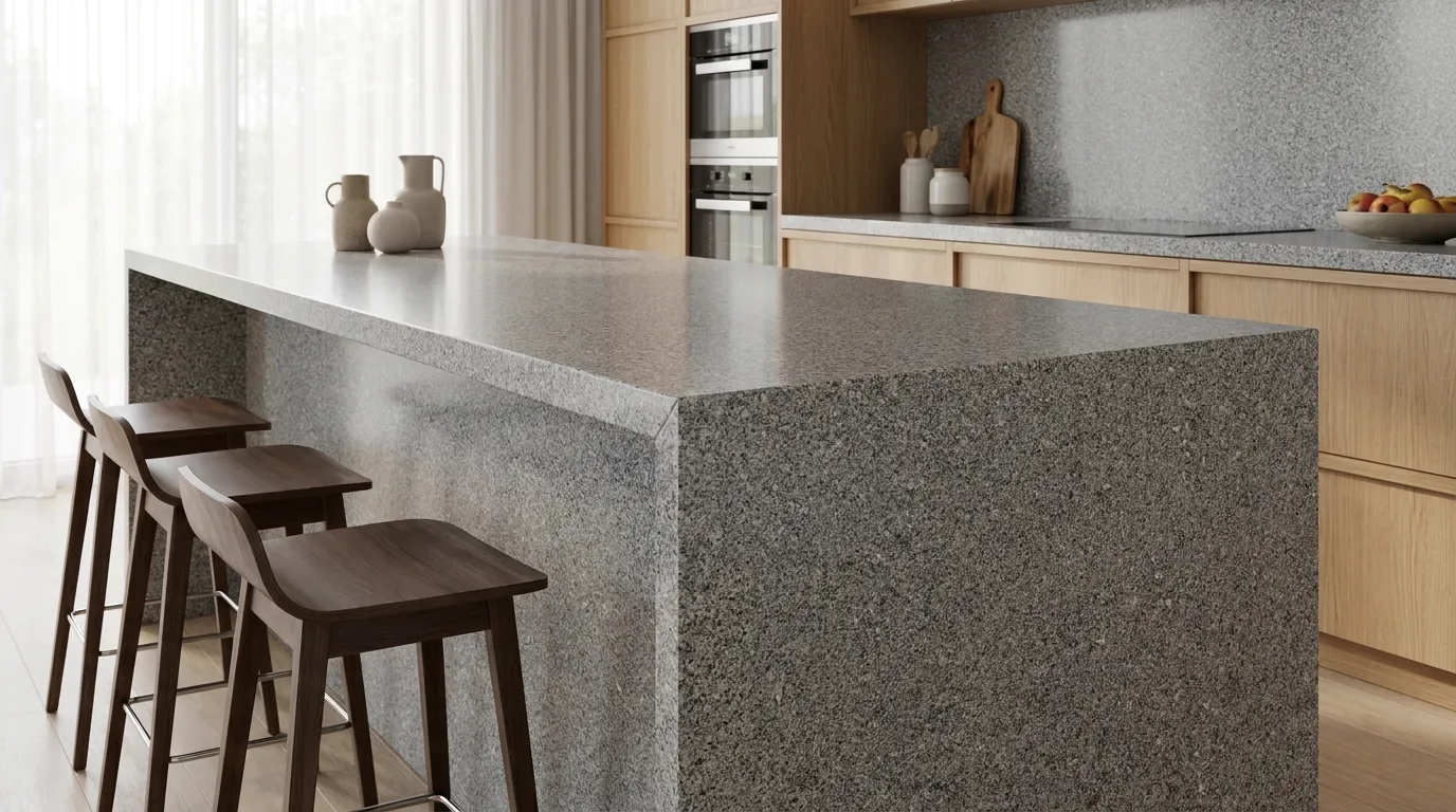 Azul Platino waterfall-edge kitchen island with continuous veining