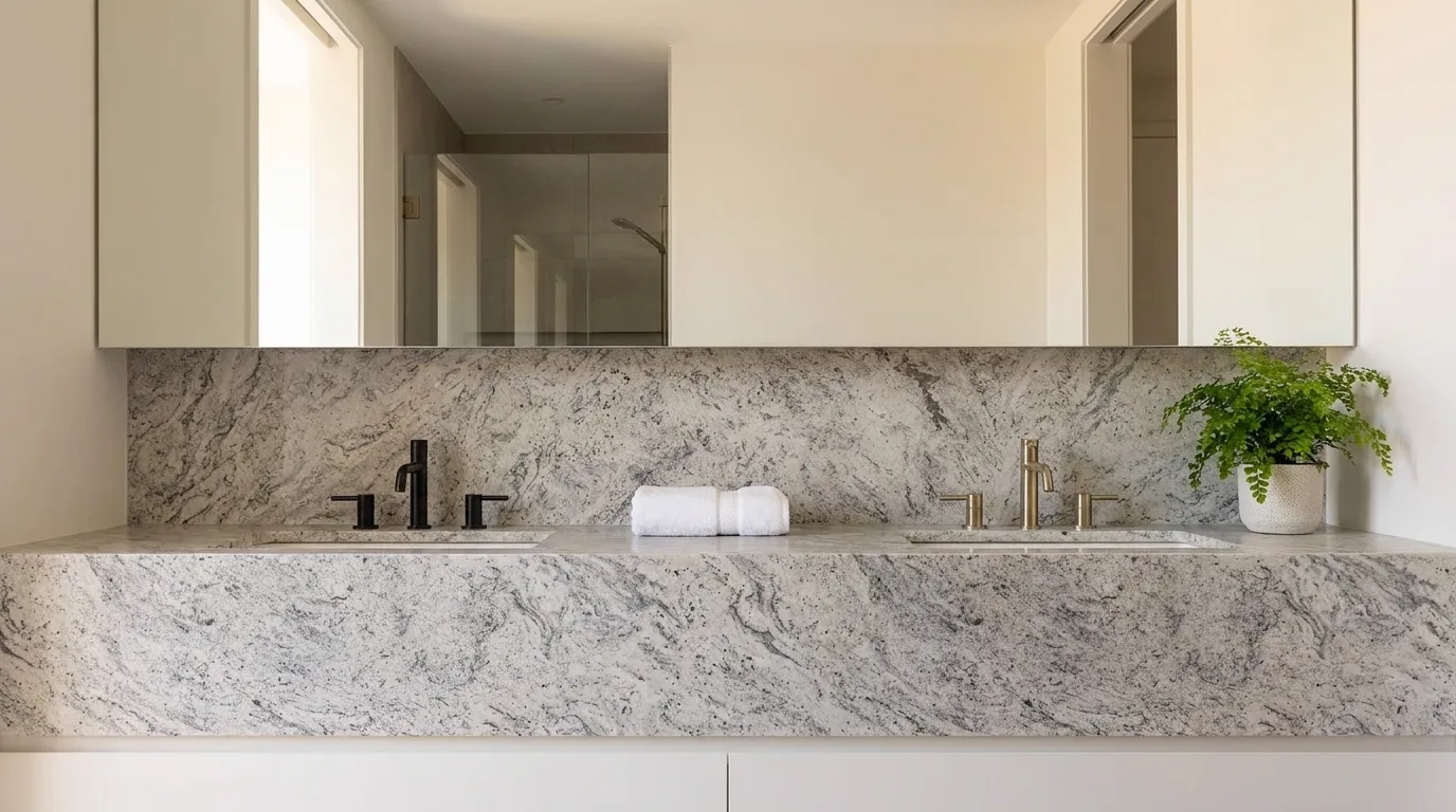 Bahamas double vanity countertop and backsplash in a modern bathroom