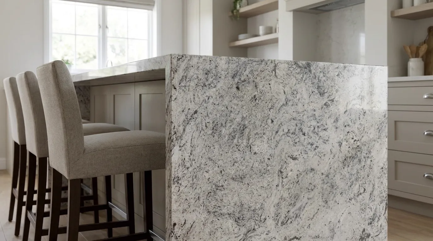 Bahamas waterfall-edge kitchen island with continuous veining