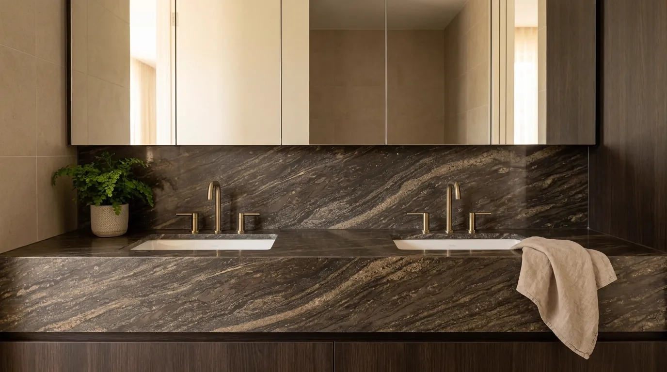 Barocco double vanity countertop and backsplash in a modern bathroom